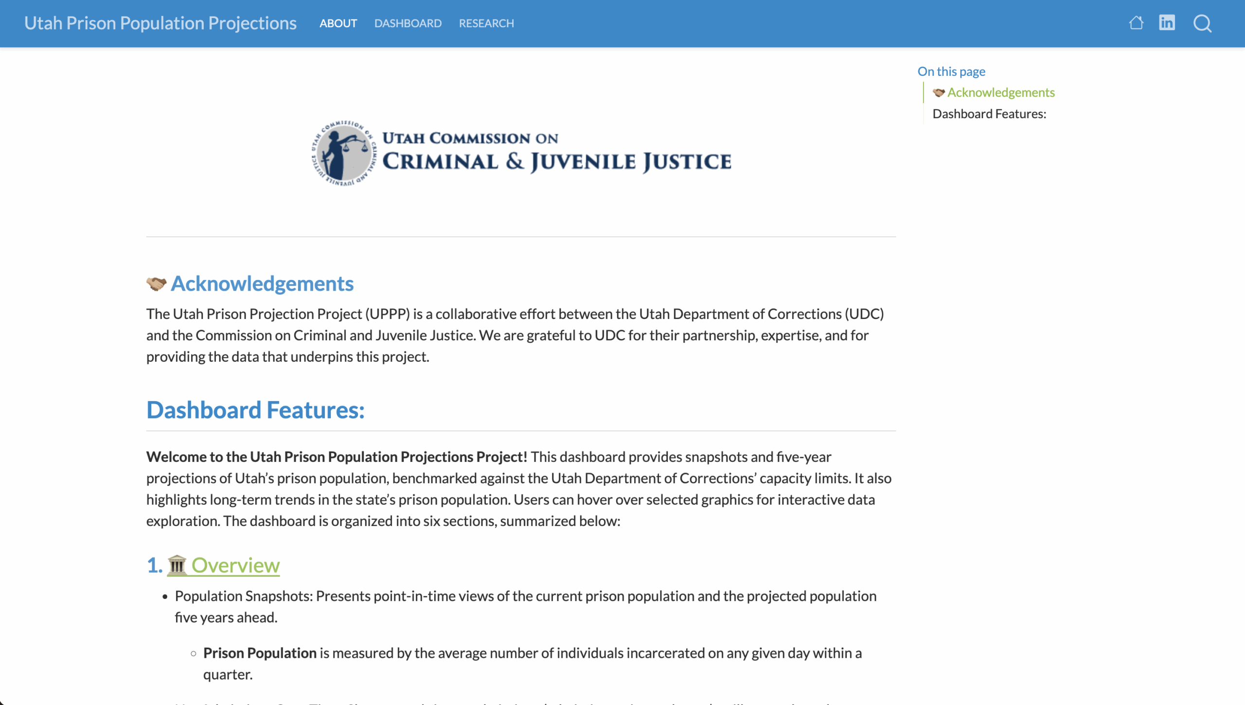 Screenshot of a webpage on Utah Prison Population Projections dashboard features and overview.
