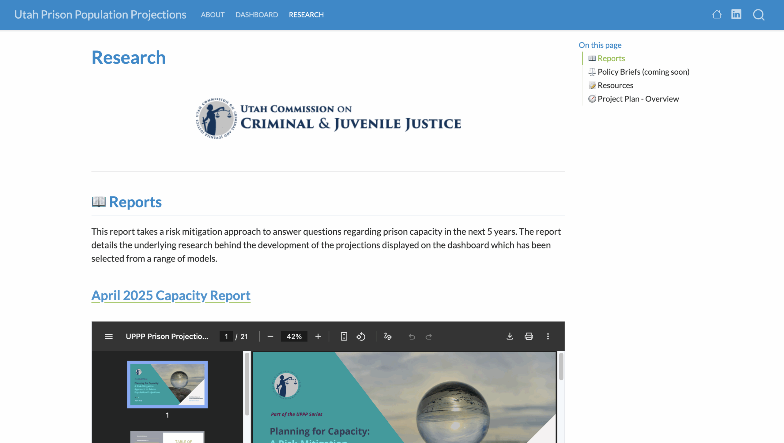 Webpage titled Research with a report preview and Utah Commission logo displayed.