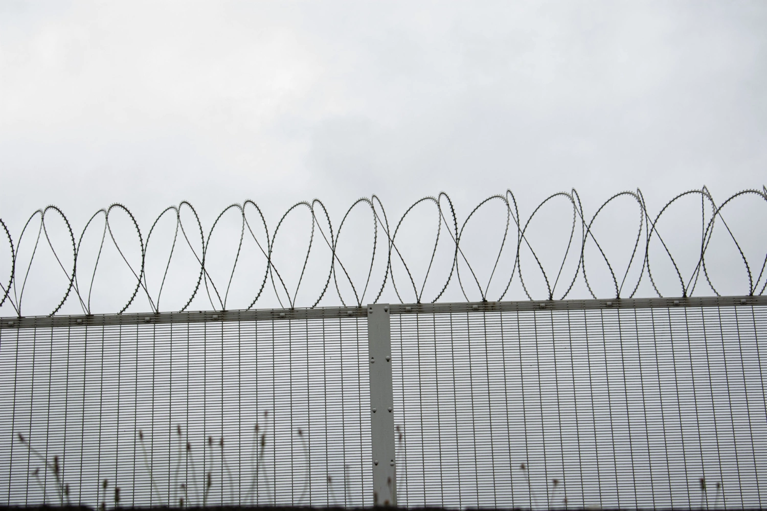 Barbed wire atop a tall metal fence against a cloudy, gray sky.