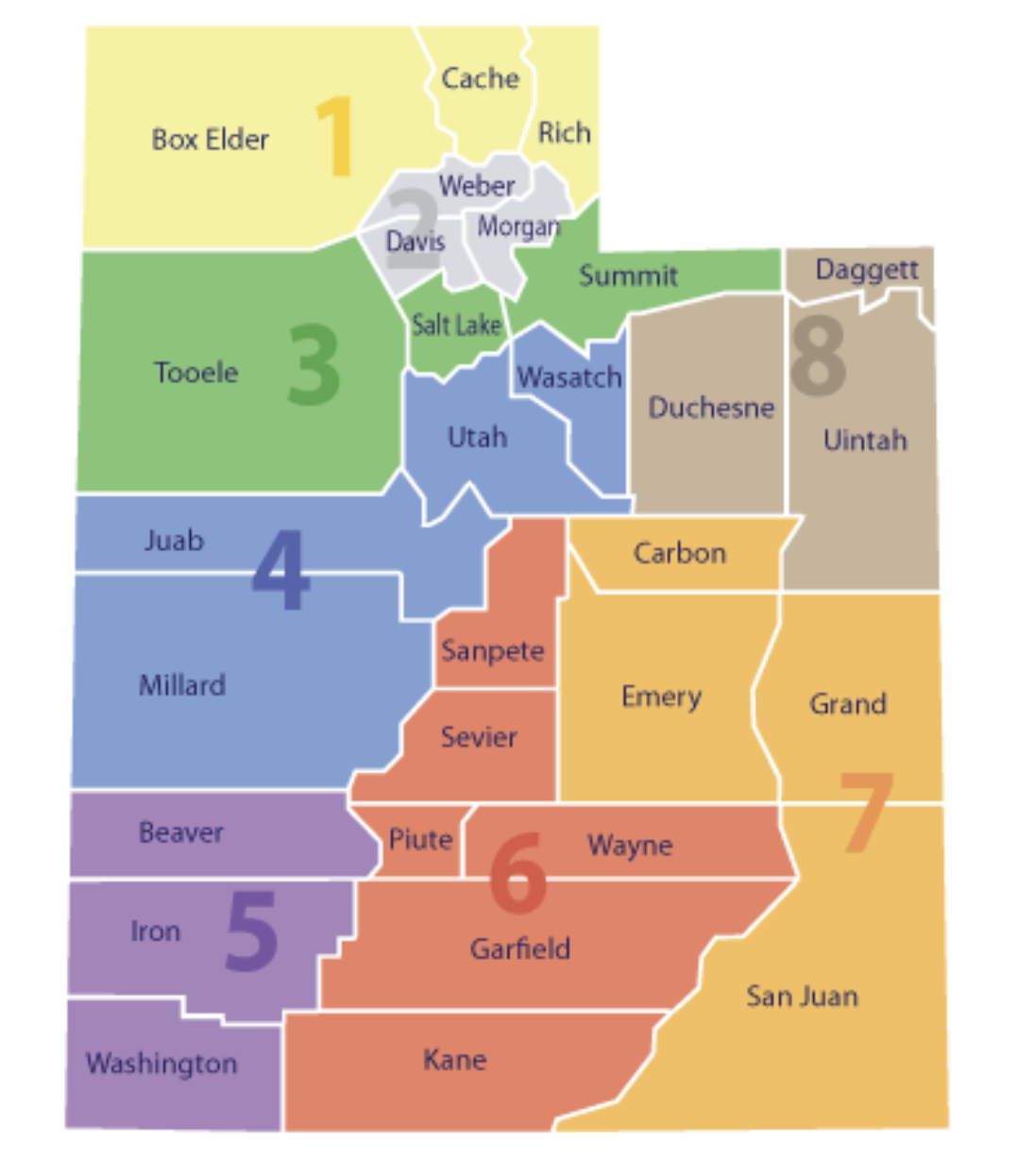 Color-coded map of Utah divided into seven numbered regions by counties.